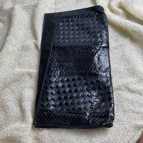 Vintage Snake Skin Black Clutch Strapped Bag Folded‎ String Black intrecciato - Picture 2 of 6